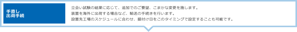 手直し、出荷手続：立会い試験の結果に応じて、追加でのご要望、こまかな変更を施します。装置を海外に出荷する場合など、輸送の手続きを行います。設置先工場のスケジュールに合わせ、据付け日をこのタイミングで設定することも可能です。